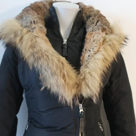Womens Mackage Lavish Trish Black Fur Hood Trim Zip Duck Down Puffer Coat XS